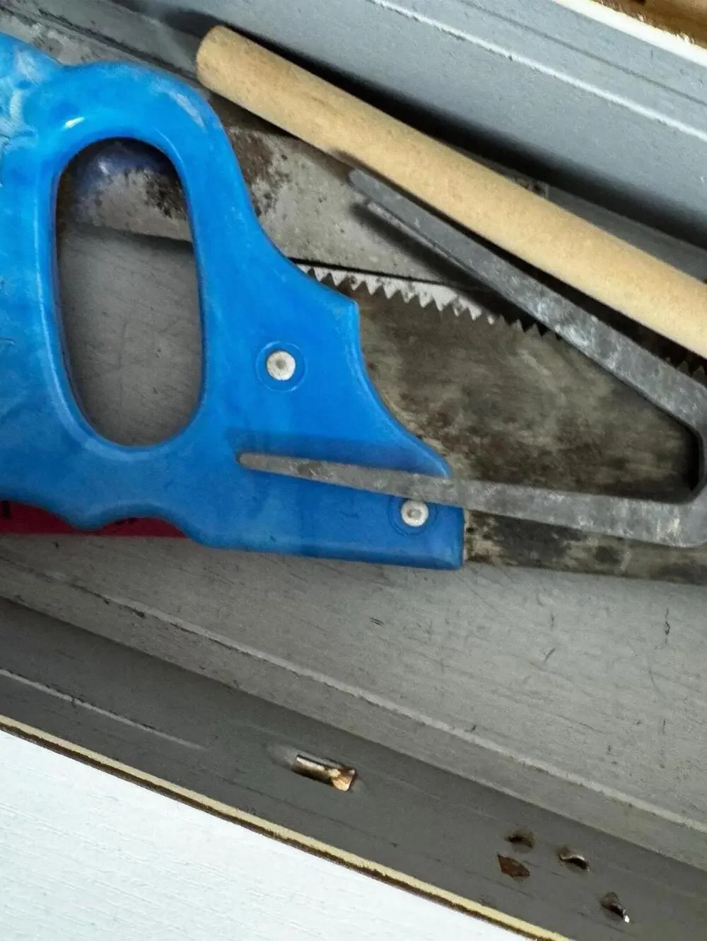 Tool Chest Vintage Junior Tools Star, Tin Lithographed Lid, Blue Plastic Saw